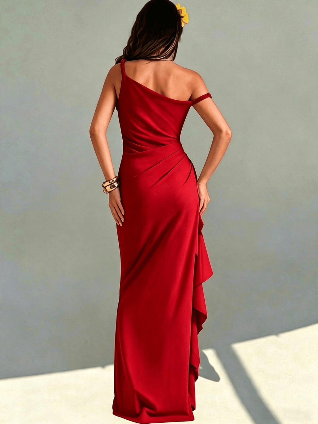 Women's Elegant Off-Shoulder Bridesmaid Dress with Twist Knot Strapless High Slit & Ruffled Wrap - Machine Washable Wedding Party Dress Suitable for Prom, Valentine's Day, Special Occasions, Long Evening Gown - Burgundy