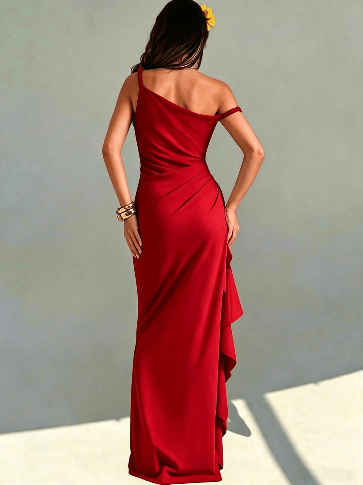 Women's Elegant Off-Shoulder Bridesmaid Dress with Twist Knot Strapless High Slit & Ruffled Wrap - Machine Washable Wedding Party Dress Suitable for Prom, Valentine's Day, Special Occasions, Long Evening Gown - Burgundy