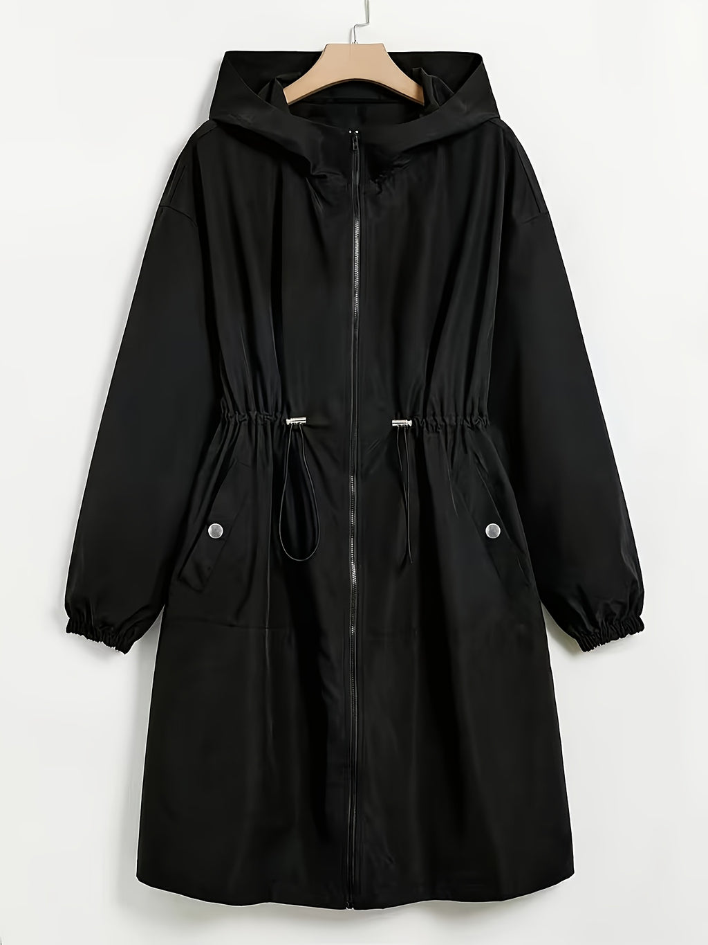 Plus Size, Women's Plus Size Long Hooded Trench Coat - Black