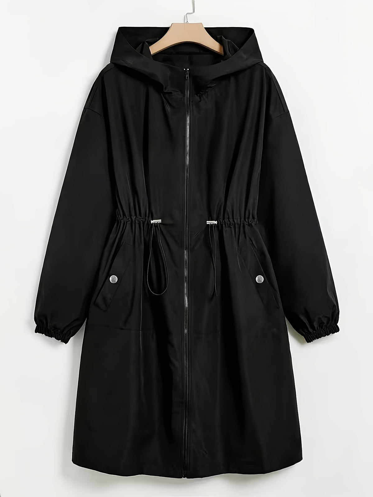 Plus Size, Women's Plus Size Long Hooded Trench Coat - Black