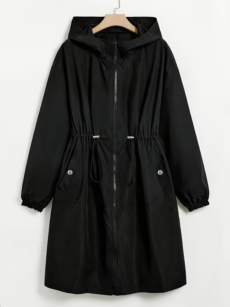 Plus Size, Women's Plus Size Long Hooded Trench Coat - Black