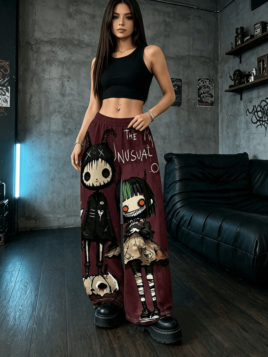 Women'S Digital Print Spring Summer Autumn Retro Horror Doll Cartoon Printed Women'S Trousers, Punk Y2K Subculture Loose Drapey Wide-Leg Pants - Burgundy