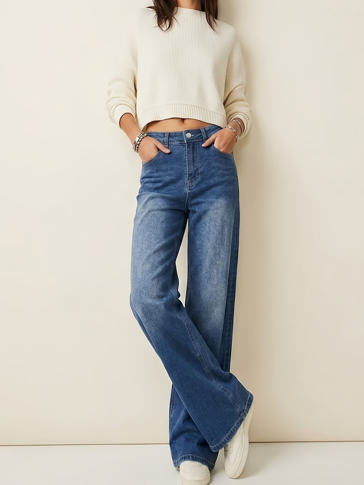 Women'S Fashion Comfortable Loose Wide-Leg Straight Jeans, Washed Blue Casual Trousers, Classic Versatile Comfortable Fit, Breathable Non-Stuffy Fabric, Suitable for All Seasons, Ideal for Vacation, Leisure, Office, Travel, Home - Royal Blue