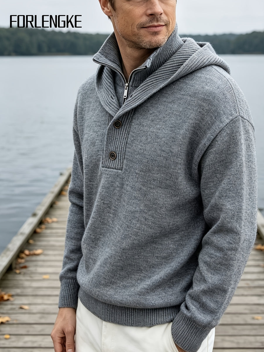 FORLENGKE Men'S Intercity Lightweight Travel Wind Hooded Double Placket Knit Top, Zipper Button-Up Dual Adjustable Style Flexible, Autumn Winter Short Distance Travel Self-Driving Roaming Golf Sports Outdoor Camping Casual Outerwear Top - Light Grey