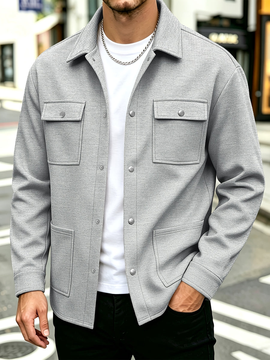 Men'S Waffle-Weave Cargo Jacket, Lapel Button-Up Multi-Pocket Cardigan, Spring Autumn Loose Casual Shirt Coat - Grey