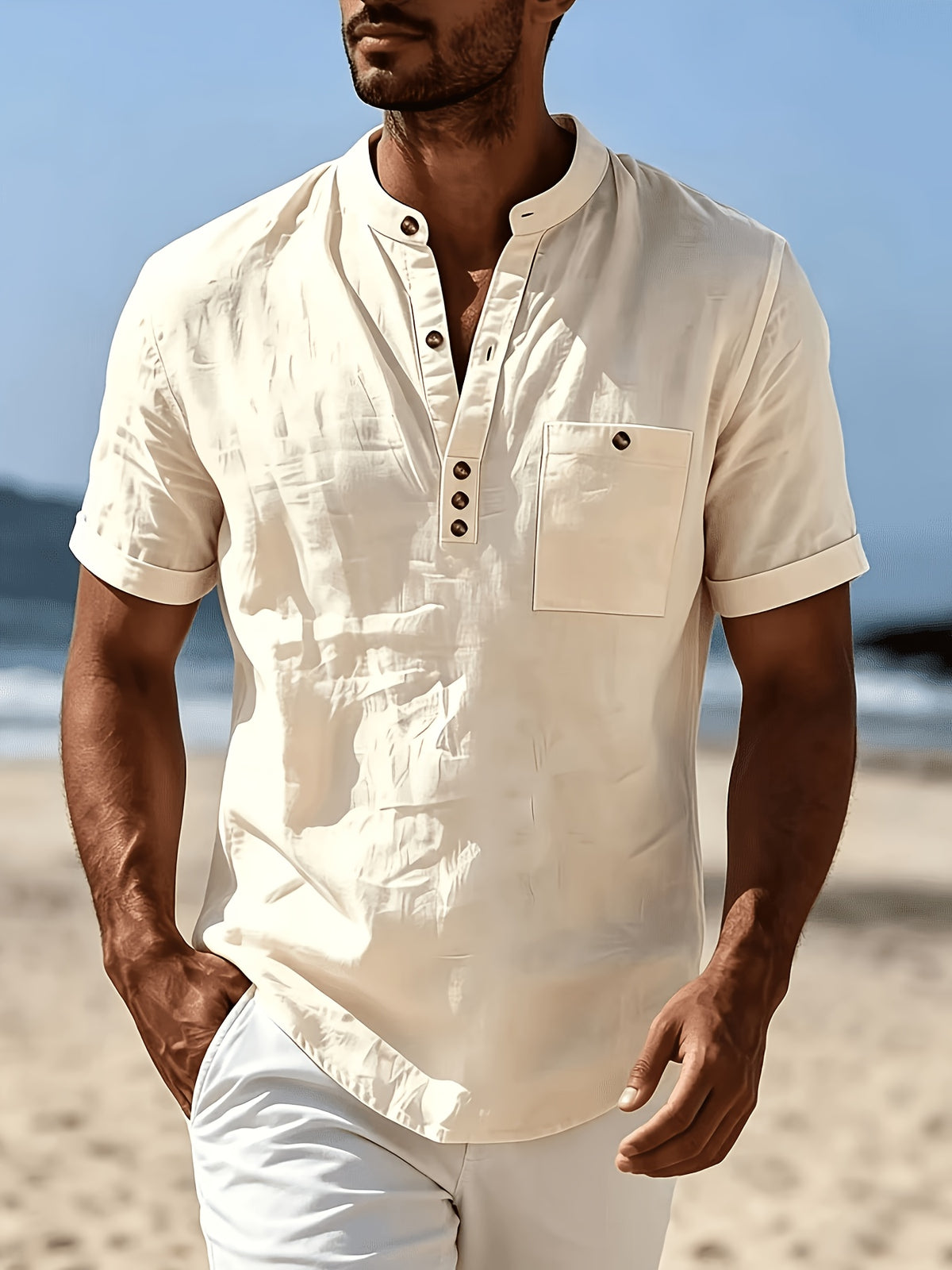 Men's Fashionable Polo Collar Breathable and Comfortable Casual Short-Sleeve Shirt - Apricot
