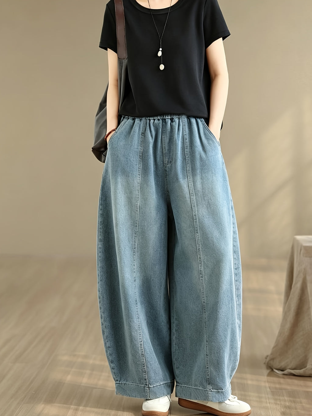 Women's Casual Vintage Artistic Loose High-Waist Versatile Simple Denim Harem Wide-Leg Pants, Spring/Summer Casual Elastic High-Waist Stretchy Loose Trousers, Commuting Vacation Casual Versatile Denim Long Pants - Bright Steel Blue