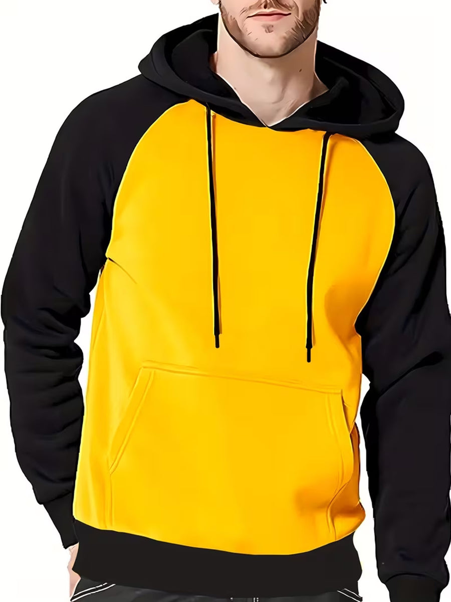 Men's Hooded Sweatshirt, Patchwork Sweatshirt, Casual and Versatile Two-Tone Fashion, Patchwork Two-Tone Hooded Sweatshirt, Raglan Sleeve Fashion Sweatshirt - Yellow