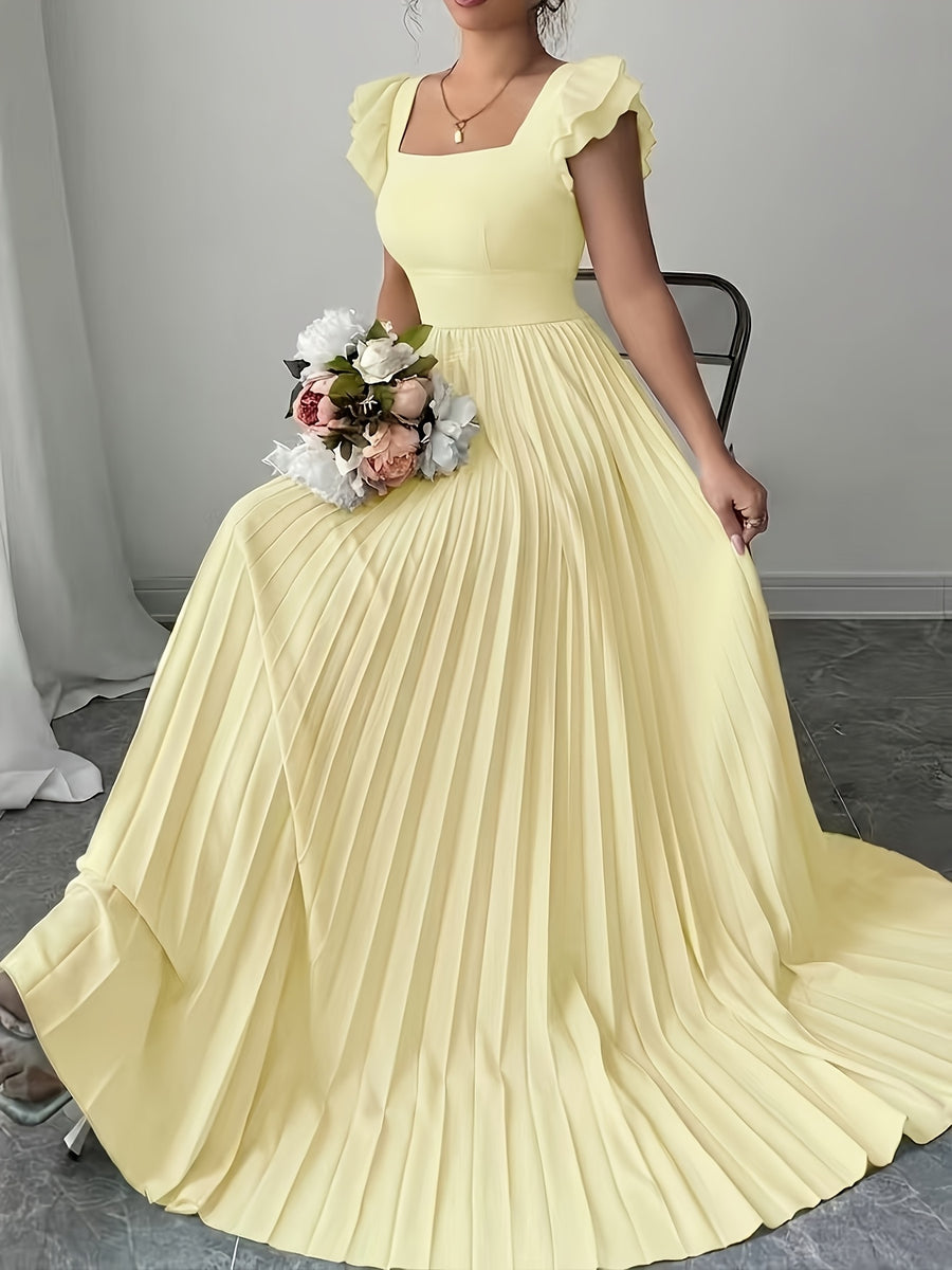 Women'S Elegant Floral Print Pleated Hem Long Dress, Summer - Yellow