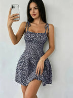 Summer French New Sweet Waist A-Line Fashionable Short Skirt Floral Elegant Suspender Loose Mini Dress - Navy Color
