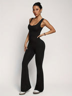 Plain Black Sleeveless Unitard with Comfortable Fabric And Stylish Design Flare Jumpsuit Jumpsuit for Women Bodycon Jumpsuit Flared Leggings Jumpsuit - Black