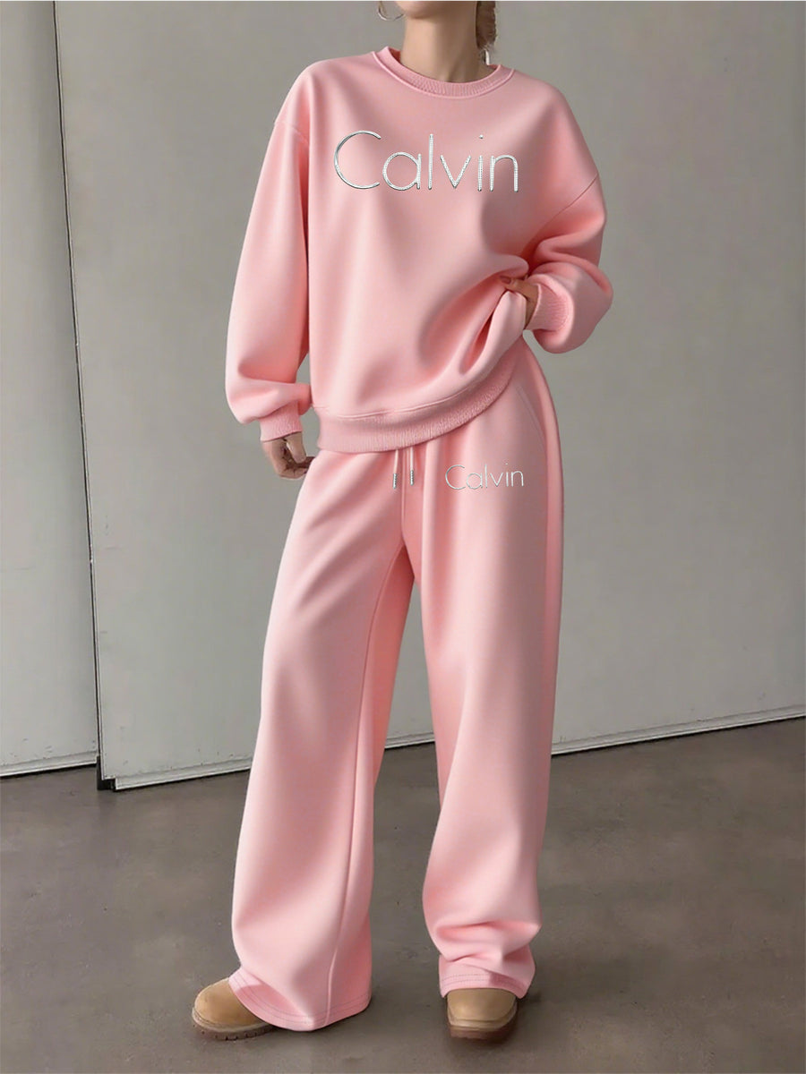 Graphic Print 2pcs Set, Crew Neck Sweatshirt & Pants, Women's Clothing - Pink