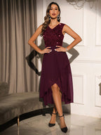 Women's Sleeveless Sequin-Embellished Dress with Elegant Pleats and Round Neck, Solid Color, Suitable for All Seasons, Featuring Sparkling Details - Burgundy