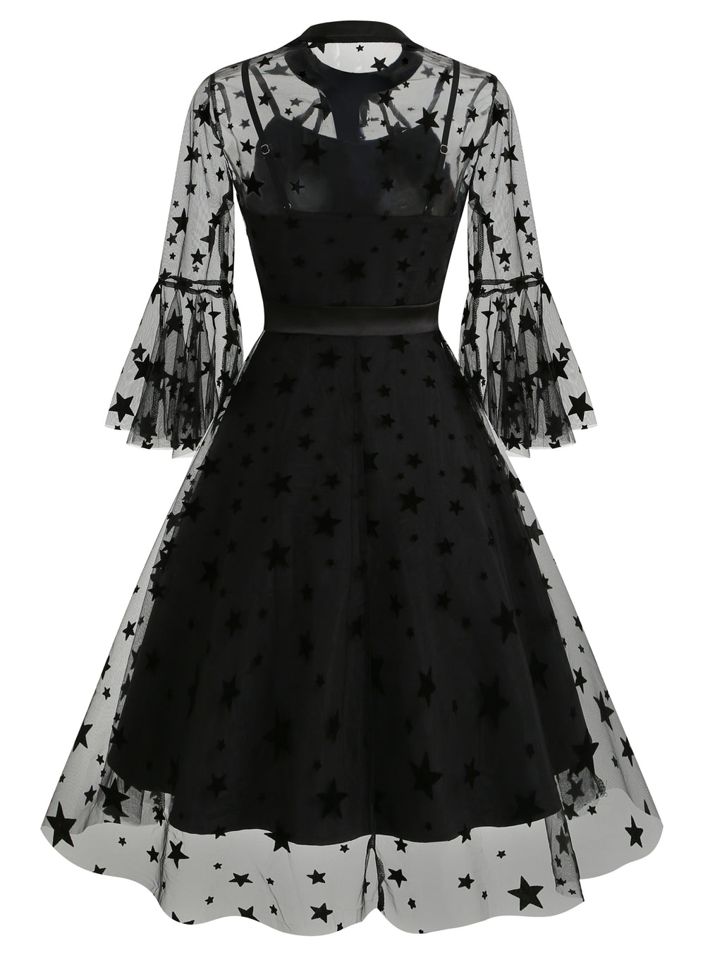 Vintage Mesh Embroidered Patchwork Mid-Sleeve Gothic Dark Evening Gown, for Gatherings, Parties, Dress, Evening Dress, Gown - Black Star