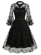 Vintage Mesh Embroidered Patchwork Mid-Sleeve Gothic Dark Evening Gown, for Gatherings, Parties, Dress, Evening Dress, Gown - Black Star