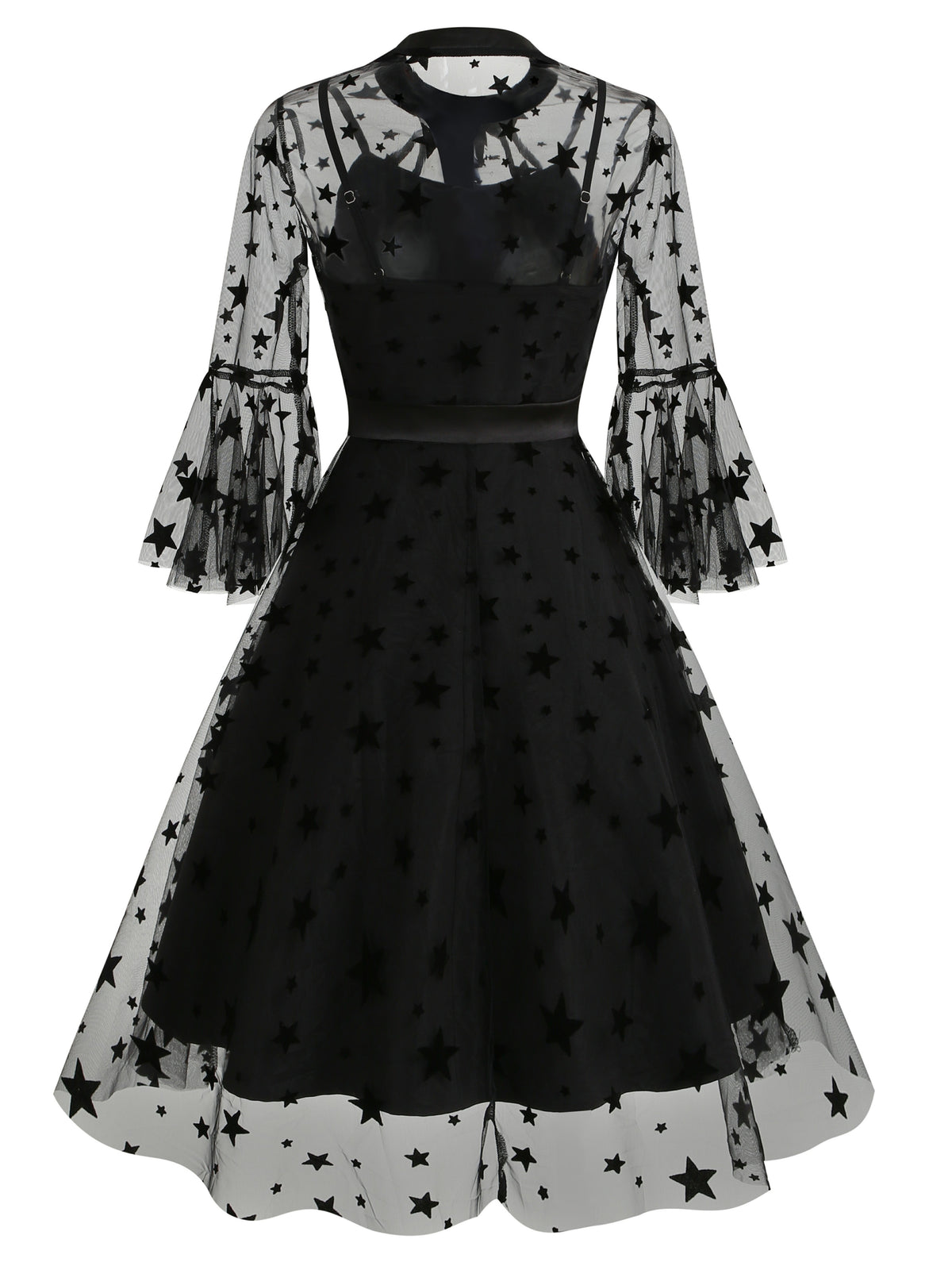 Vintage Mesh Embroidered Patchwork Mid-Sleeve Gothic Dark Evening Gown, for Gatherings, Parties, Dress, Evening Dress, Gown - Black Star