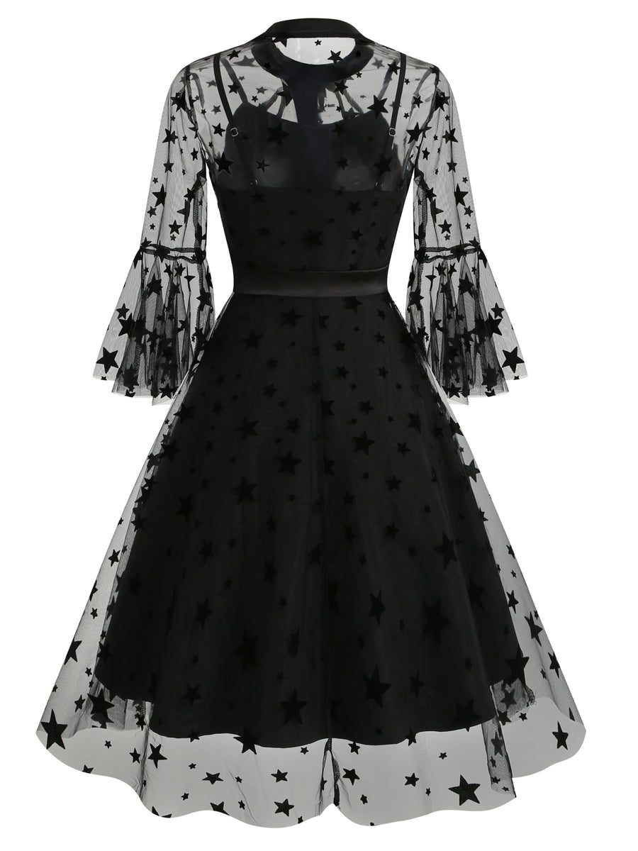 Vintage Mesh Embroidered Patchwork Mid-Sleeve Gothic Dark Evening Gown, for Gatherings, Parties, Dress, Evening Dress, Gown - Black Star