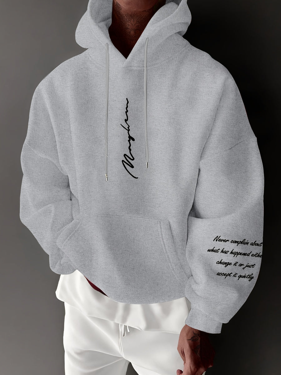 Men's Autumn/Winter Letter Print Pattern -Lined Hooded Sweatshirt, Versatile Sporty Casual Loose Fit Hoodie - Grey
