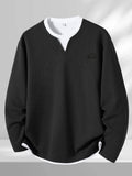 2026 Fashion Brand Print Creative Letter Pattern Mother's Day Waffle 2-in-1 Look Long Sleeve T-Shirt Men's New Casual Loose Outdoor Sports Breathable Oversize Top - Black