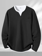 2026 Fashion Brand Print Creative Letter Pattern Mother's Day Waffle 2-in-1 Look Long Sleeve T-Shirt Men's New Casual Loose Outdoor Sports Breathable Oversize Top - Black