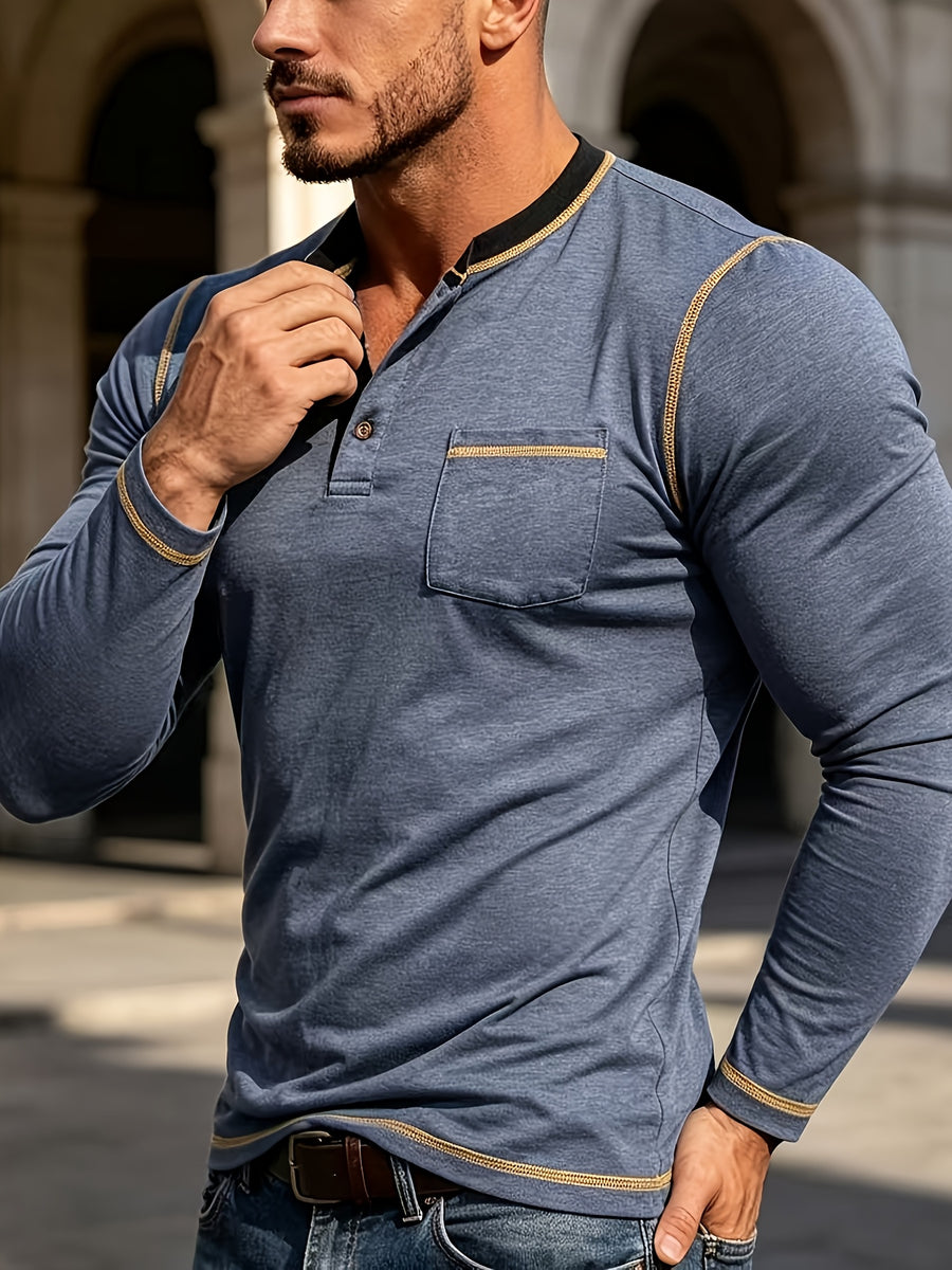 Autumn Casual Men'S Fashion Long Sleeve Henley Shirt T-Shirt Men'S Base Layer Shirt Round Neck Top - Navy Color