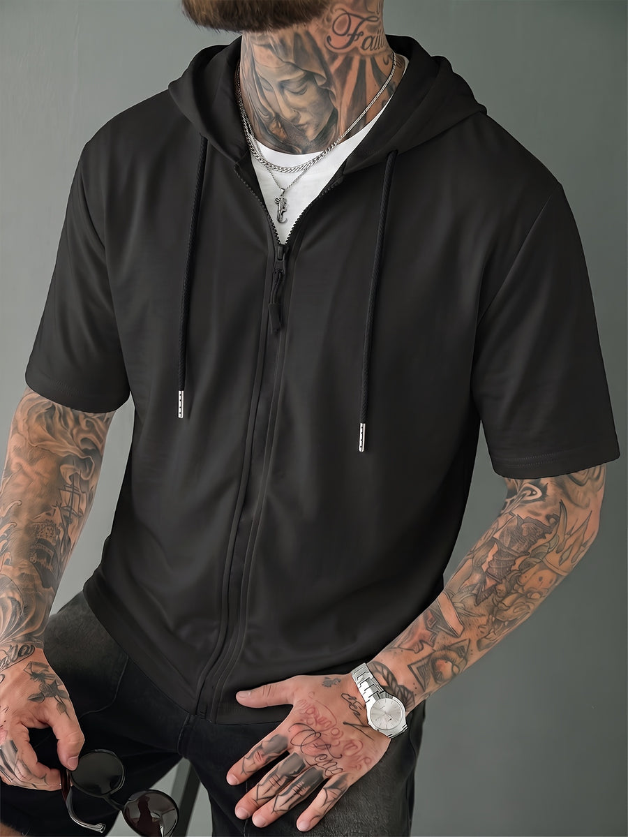 Summer Men'S New Solid Color Hooded Short Sleeve with Zipper Casual Sport Comfortable Cool Outing Airport Business Travel Commute Daily 2HLT79 - Black