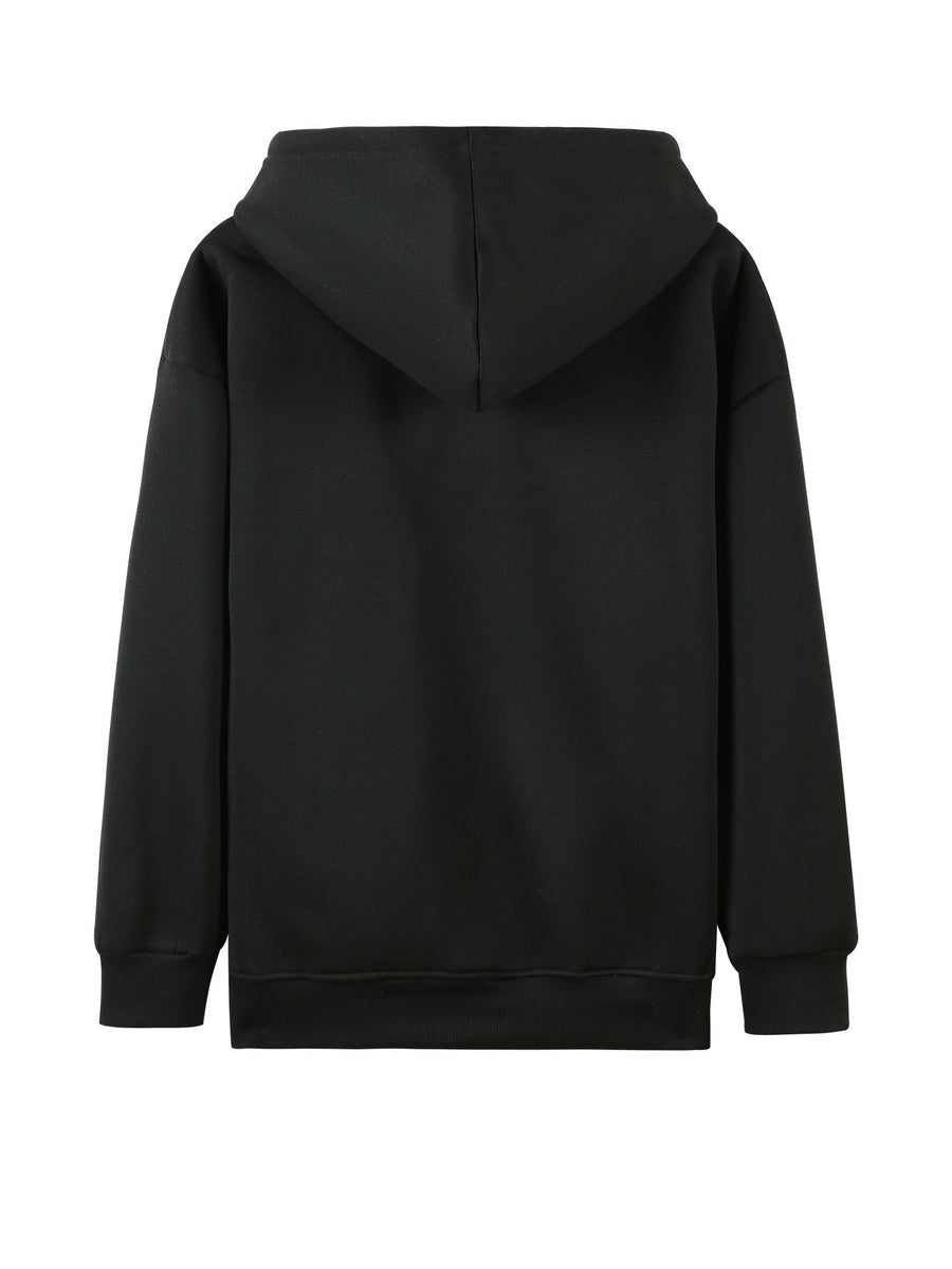 Plus Size - Plus Size - Women'S Plus Size Casual Zip Hoodie with Striking Heart Print, Chest And Sleeve Pattern, Comfortable Machine-Washable Hooded Jacket, And Long-Sleeve Zippered Sweatshirt with Front Pockets - Black