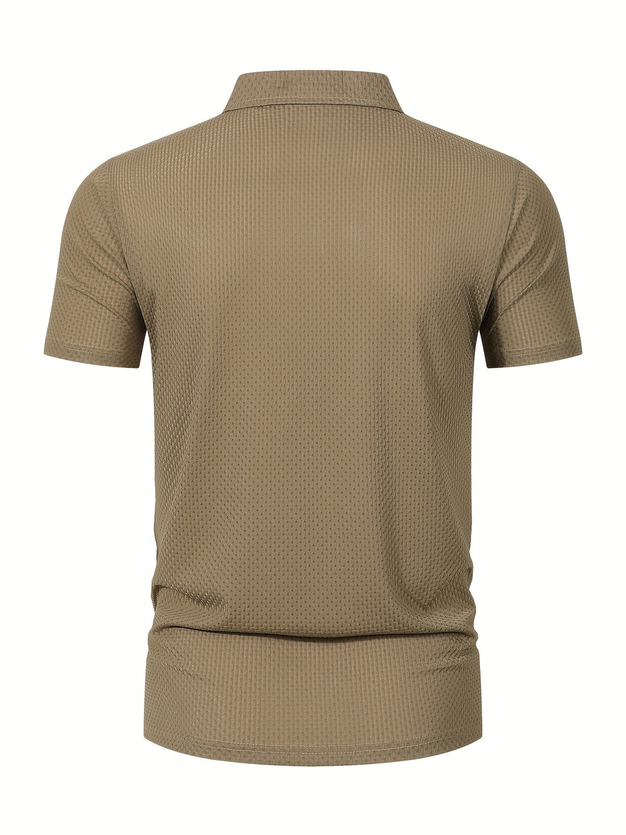 Men's Premium Summer Ice Sense Bubble Fabric Polo Shirt, Great Wall Grid Wrinkle Embossed Printed Short Sleeve Top, Multi Functional for Golf Fishing Camping Beach Swimming Turn Up Collar - Khaki