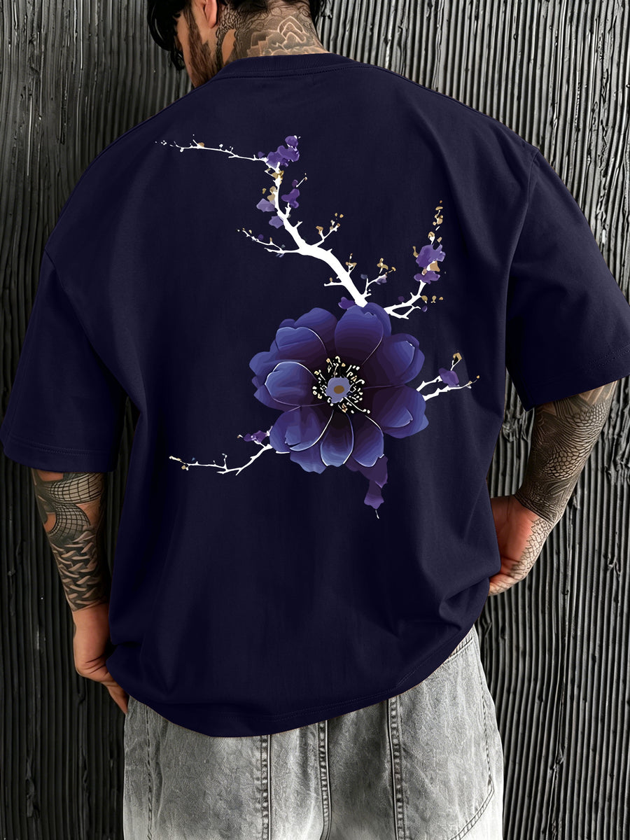 Men's New Style Pure Cotton Short Sleeve Crew Neck T-Shirt with Peony Flower Print, Casual, Comfortable, Soft, and Breathable, a Summer Essential - Navy Color