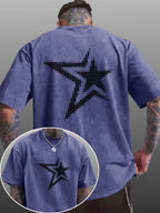 Men's Short-Sleeve T-Shirt, Pure Cotton Loose Fit Washed Distressed Half-Sleeve Top, Dot Matrix Overlapping Double Five-Star Trendy Reverse Double-Sided Print, Multiple Colors for  Mix & Match, American Streetwear High Street Hip-Hop Y2K National - Royal Blue