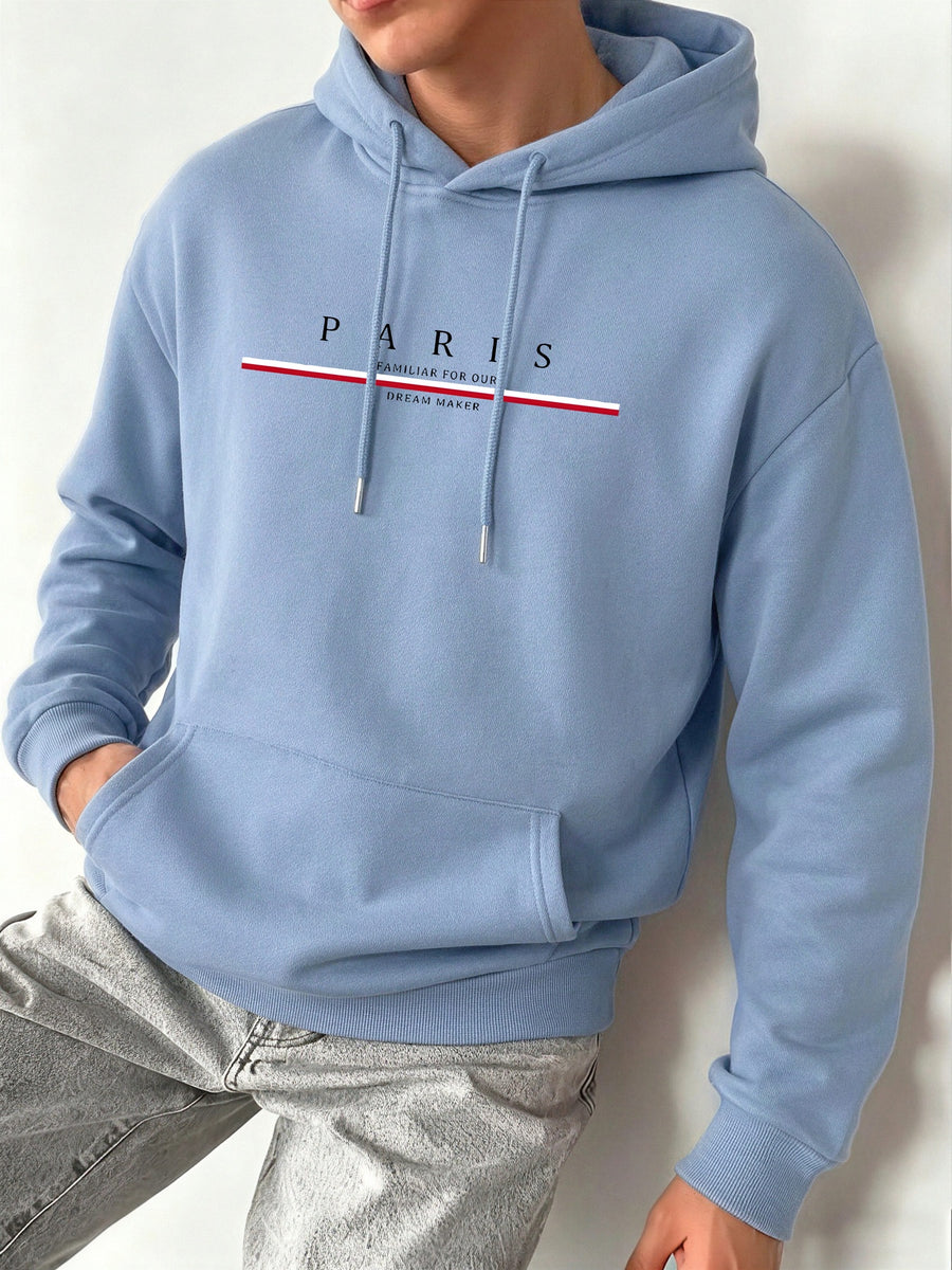Men's Hooded Sweatshirt with PARIS Print, Comfortable, Casual, Soft, Breathable for Spring and Autumn Daily Commuting - Light Blue Color