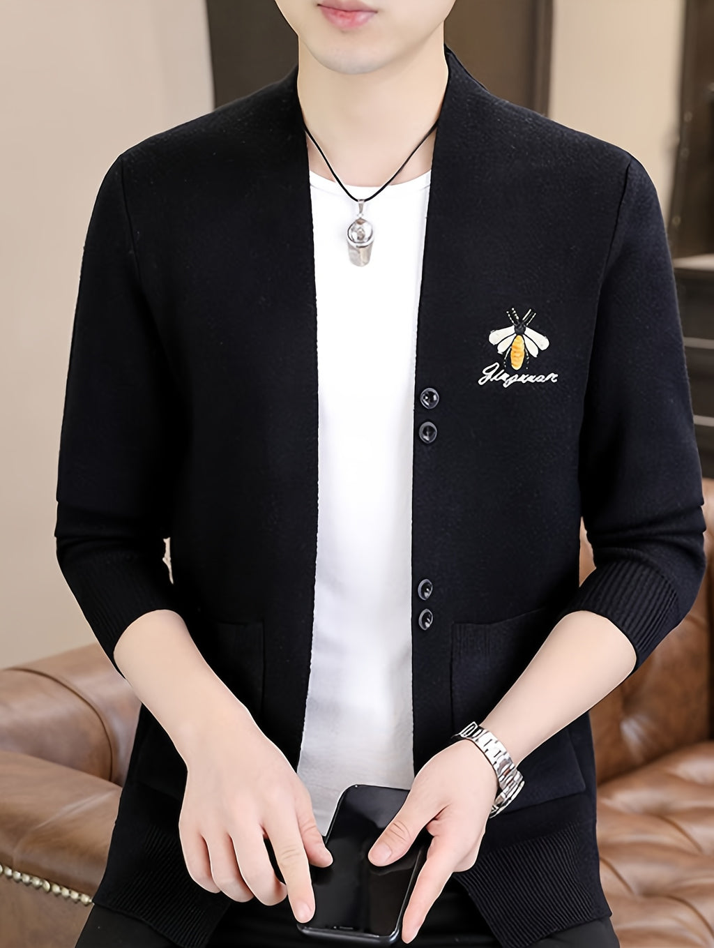 Embroidered Knitted Cardigan Men'S Spring And Autumn Trendy Brand Slim Fit Regular Sweater Cloak Coat Fashionable Versatile Knitted Shirt Trendy Handsome - Grey