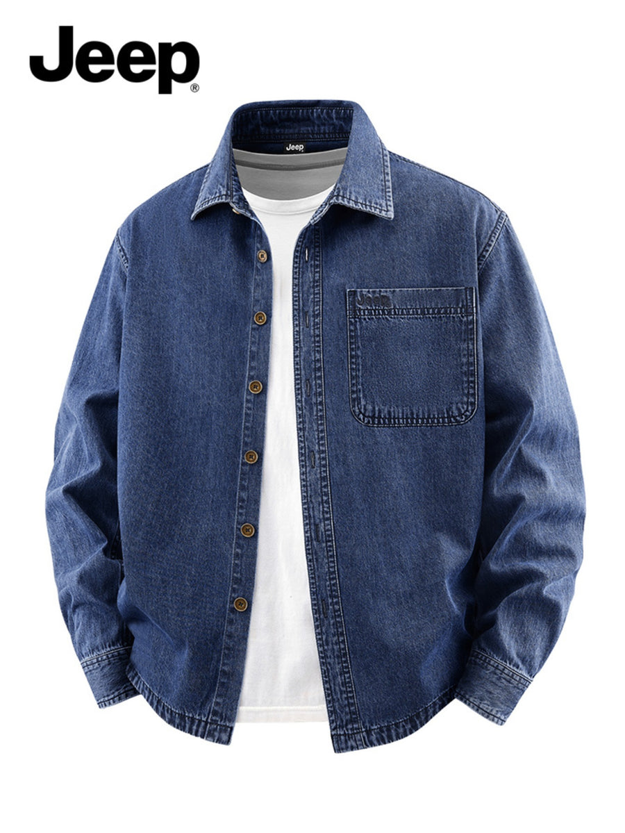 Jeep Men'S Collared Long Sleeve Denim Shirt, Loose Workwear Shirt with Washed Texture And Embroidered Chest Pocket Logo, Wear-Resistant Wrinkle-Resistant Casual Jacket for Camping, Road Trips in Spring And Autumn, Suitable for Outerwear Or Layering - Light Blue