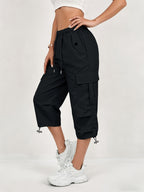 Women's Solid Color Pants with Elastic Waist & Multi-Pocket - Lightweight Quick-Dry Cropped Capri Length Trousers, Loose-Fit Suitable for Casual Outdoor, Office, Casual Attire, Machine Washable (No) - Black
