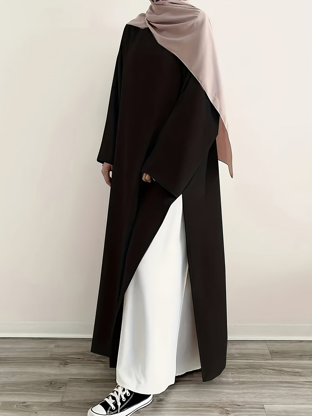 Solid Color Crew Neck Split Modest Dress, Elegant Long Sleeve Maxi Length Easy Dress, Women'S Clothing - Black