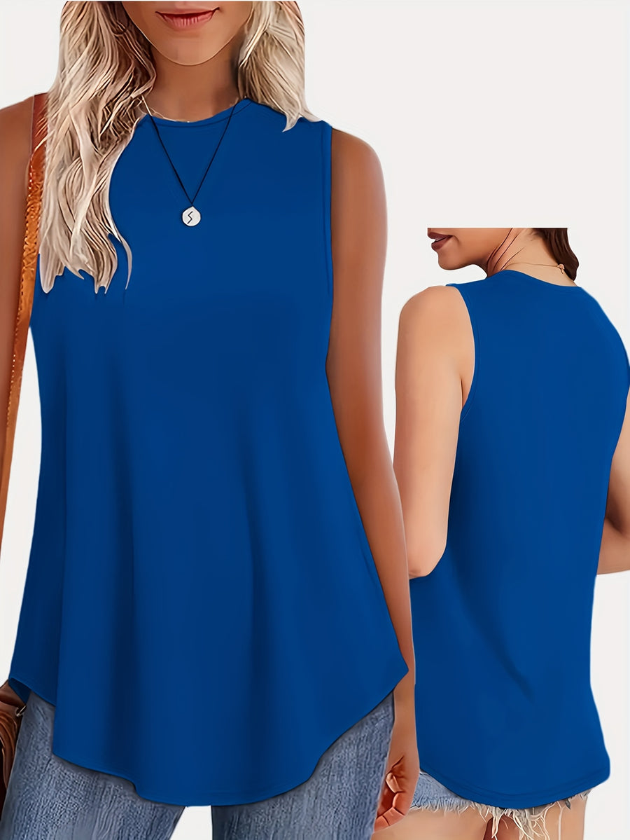 Women's Sleeveless Round Neck Tank Top - Solid White Loose Fit Blouse, Medium Stretch All-Season, Machine Washable & Versatile Casual/Elegant Wear, Layering Essential for Dresses, Jackets & Blouses (No Bulk) - Blue
