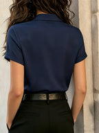 Women's Short-Sleeve Exquisite Red and White Small Logo Print Shirt, Summer Commuting Wrinkle-Free Elegant Top - Navy Color