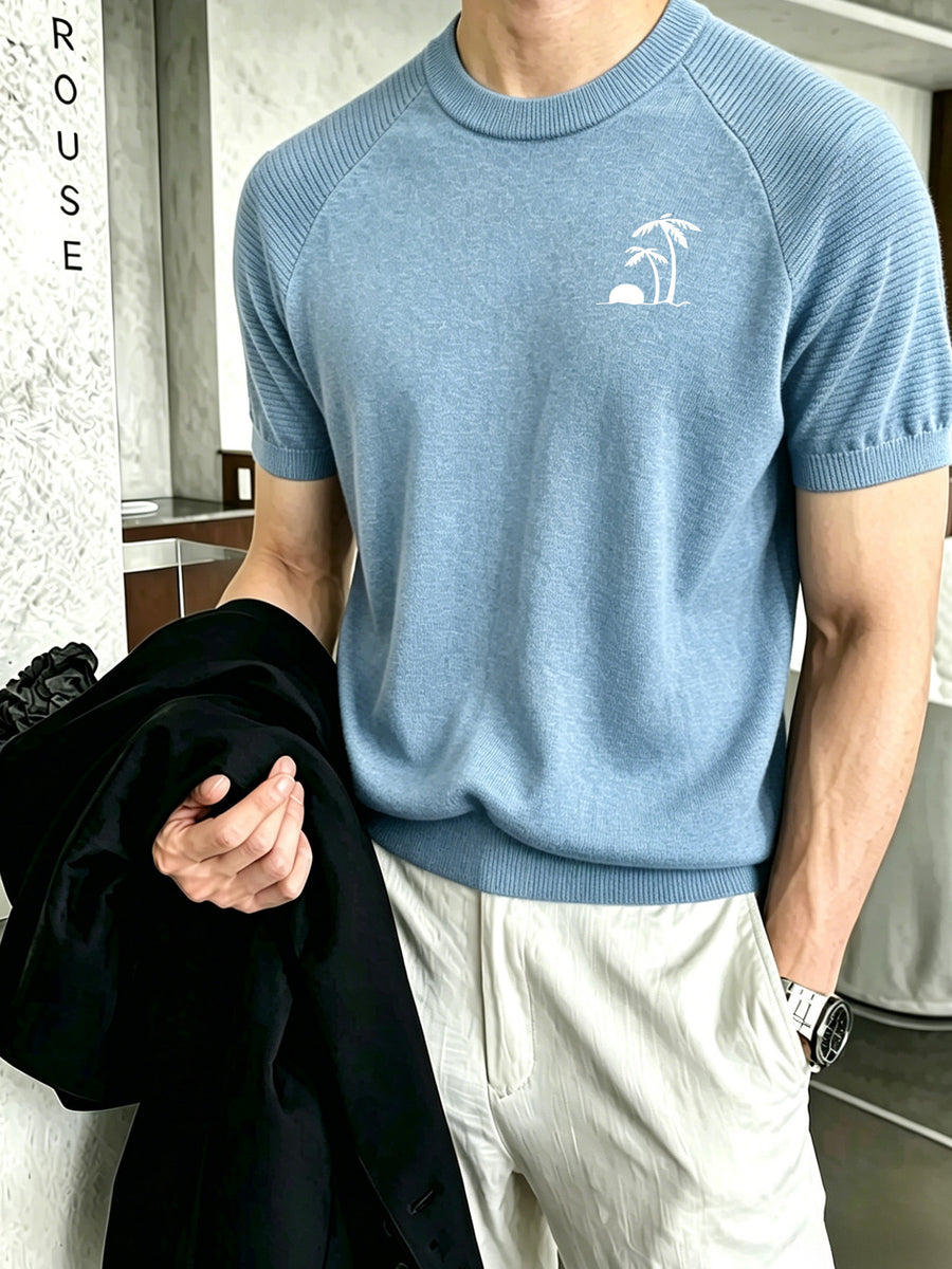 Men's Raglan Short Sleeve Knit Sweater with Coconut Tree and Sunset Small Embroidery, Crew Neck Casual Pullover Top - Sky Blue