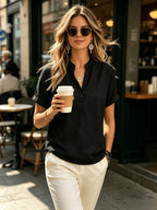Ladies' Casual Solid Color Short Sleeve Shirt, Versatile Commuting Style Top, Loose And Comfortable, Lightweight And Breathable - Black