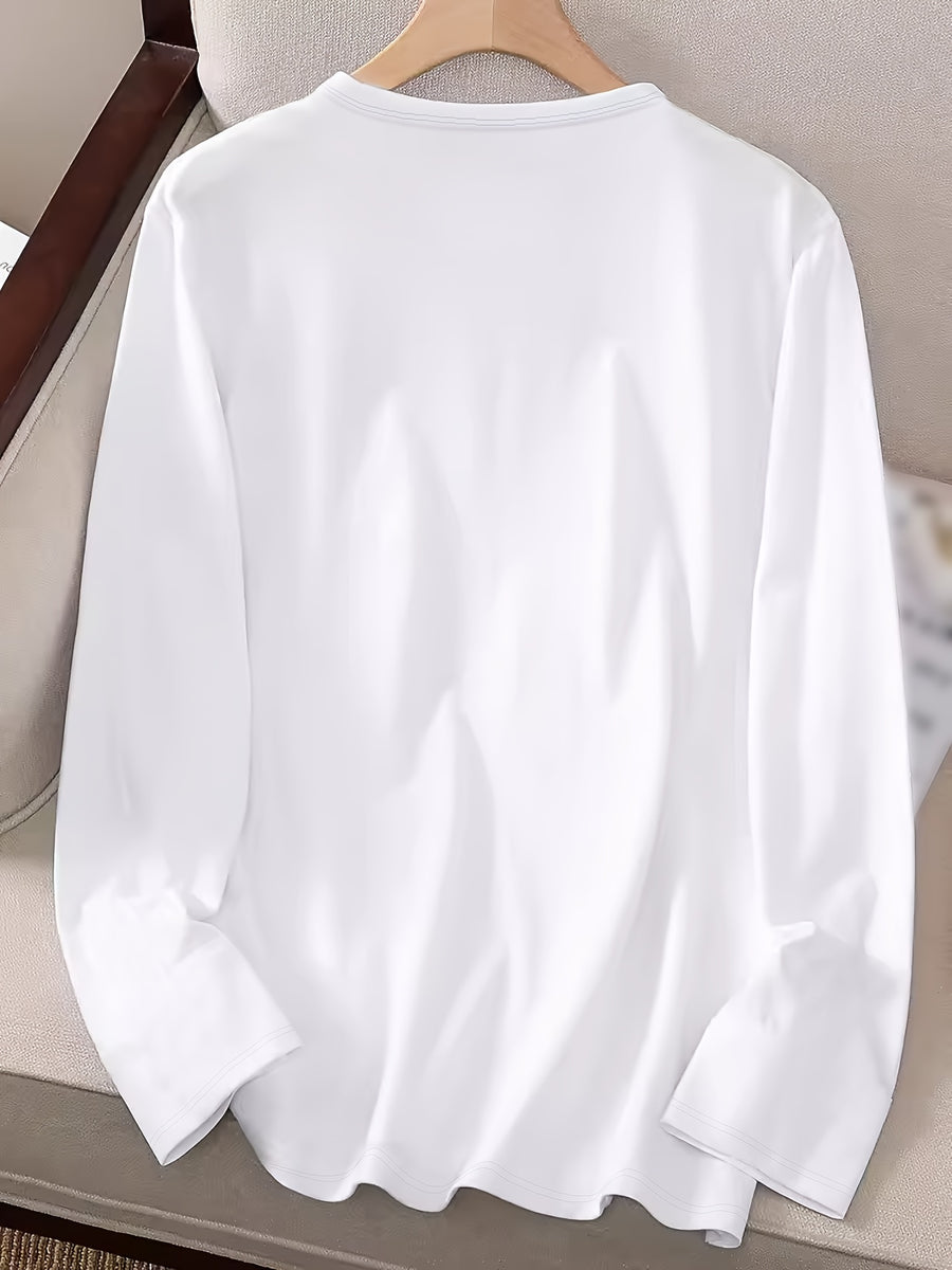 3pcs Long Sleeve Solid Color Women'S T-Shirts, Casual Holiday Outing Versatile Fall Winter Top Round Neck - 2 white + 1 yellow
