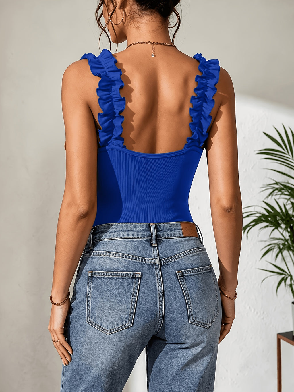 Solid Color Pleated Thin Strap Bodysuit - Royal Blue