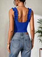 Solid Color Pleated Thin Strap Bodysuit - Royal Blue