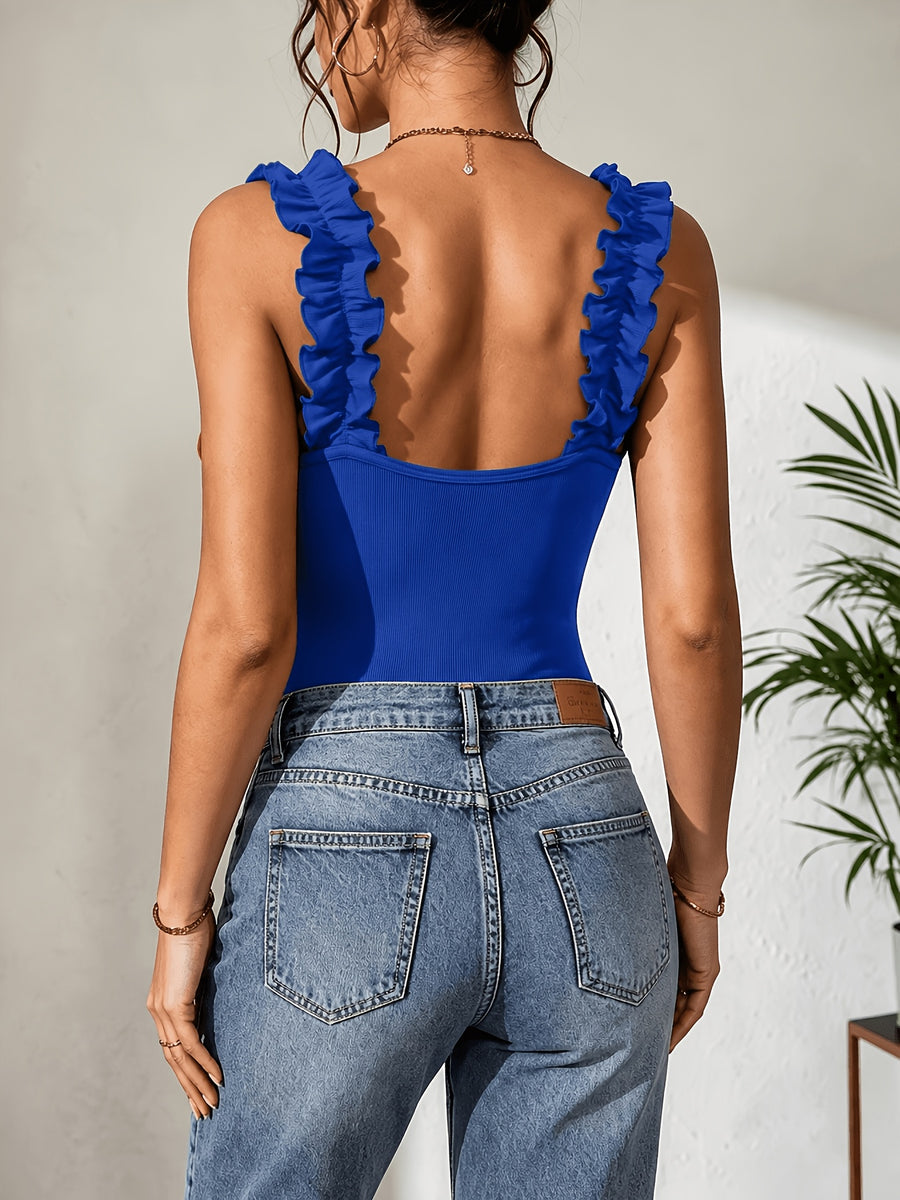 Solid Color Pleated Thin Strap Bodysuit - Royal Blue