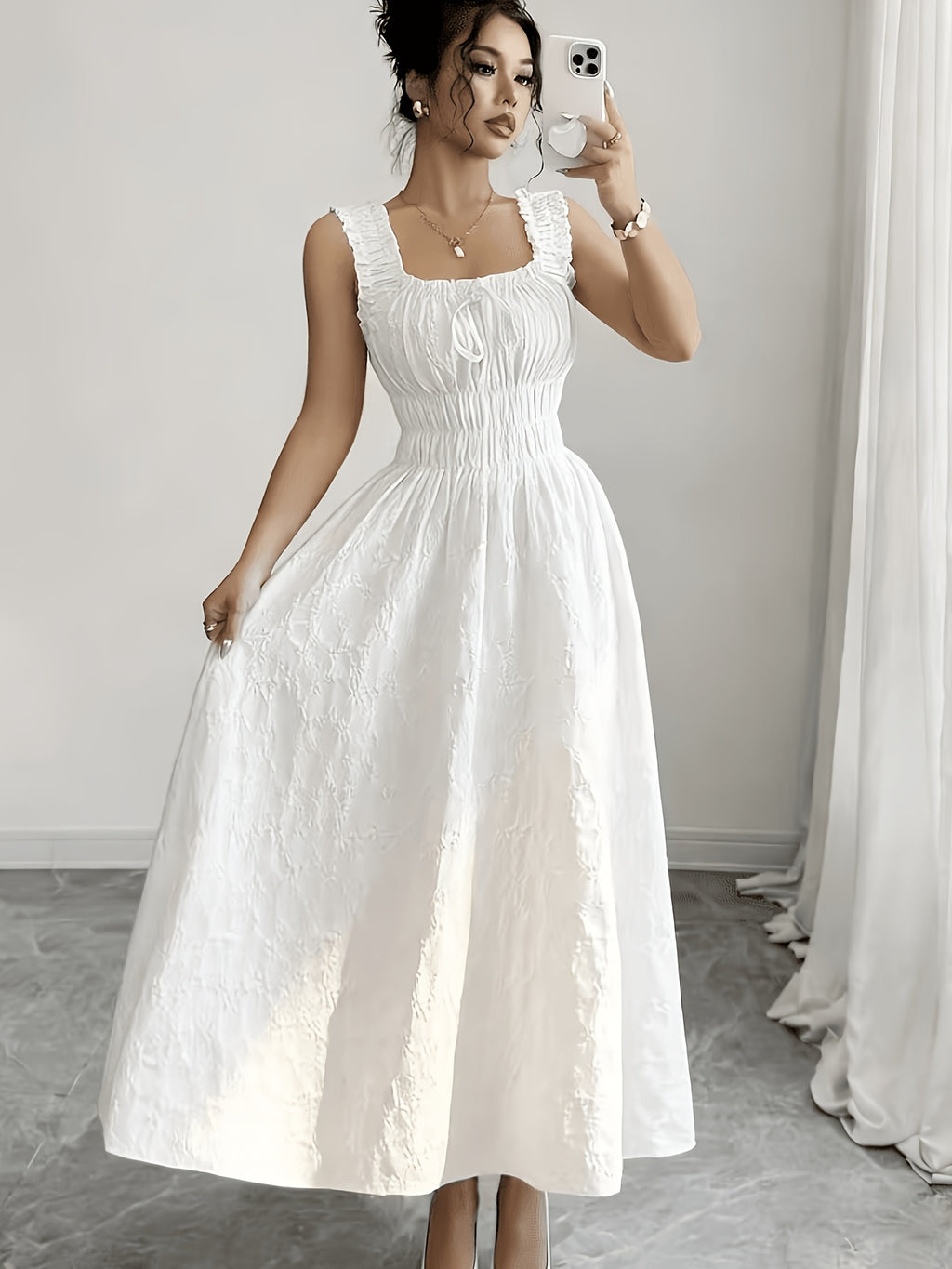 Women'S Spring Summer Solid Color Jacquard Fabric Elegant Long Dress, Made of Floral Textured Fabric, Featuring Thin Straps, Bow Design And Ruched Waist, Presenting a Fashionable, Versatile, Elegant And Exquisite Look - White