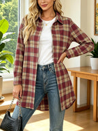 Plaid Long Shirt Jacket, Casual, Loose, Versatile Women'S Mid-Length Plaid Shirt, Classic Lapel Mid-Length Long-Sleeved Shirt, Full Open Placket with Metal Buttons, American Retro Casual Style - Red And Yellow Grid