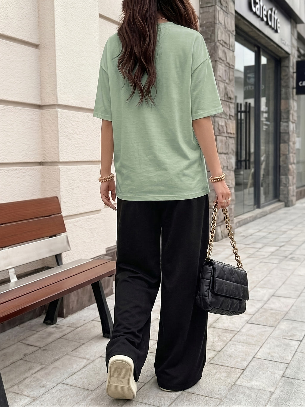 Women's Casual Streetwear Trend Los Angeles 98 Print Crew Neck Short Sleeve Top and Loose Drawstring Long Pants 2pcs Set, Women's Fashion Outfit, Suitable for Summer Streetwear - Green+Black