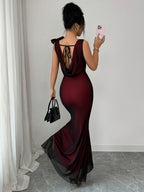 Women'S Summer New Fashion Elegant Mesh Drop-Neck Backless Asymmetrical Bow Waist-Cinching Long Dress, Suitable for Outdoor Dates, Parties, Sister Gatherings, Music Festivals, Casual Vacations, And Daily Wear - Red