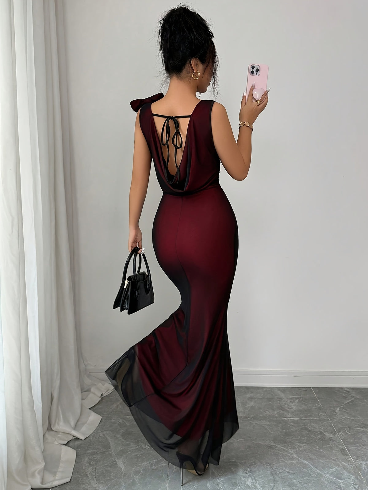 Women'S Summer New Fashion Elegant Mesh Drop-Neck Backless Asymmetrical Bow Waist-Cinching Long Dress, Suitable for Outdoor Dates, Parties, Sister Gatherings, Music Festivals, Casual Vacations, And Daily Wear - Red