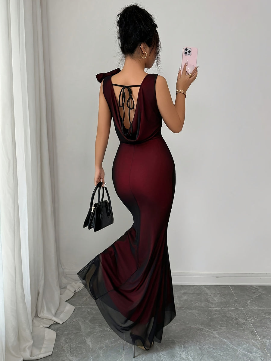 Women'S Summer New Fashion Elegant Mesh Drop-Neck Backless Asymmetrical Bow Waist-Cinching Long Dress, Suitable for Outdoor Dates, Parties, Sister Gatherings, Music Festivals, Casual Vacations, And Daily Wear - Red
