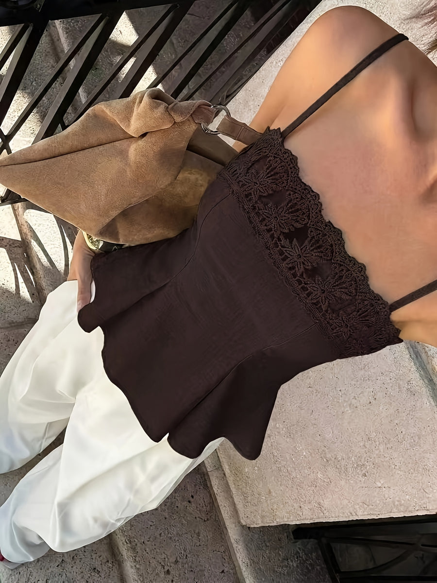 Lace-trimmed Solid Color Spaghetti Strap Top - Coffee Brown